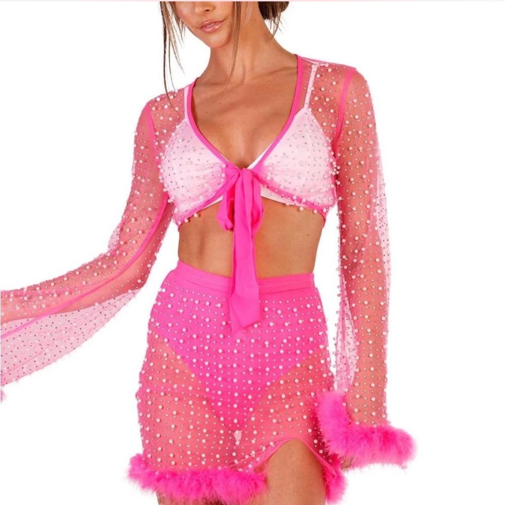 Pink Sheer Beaded Two-Piece Set